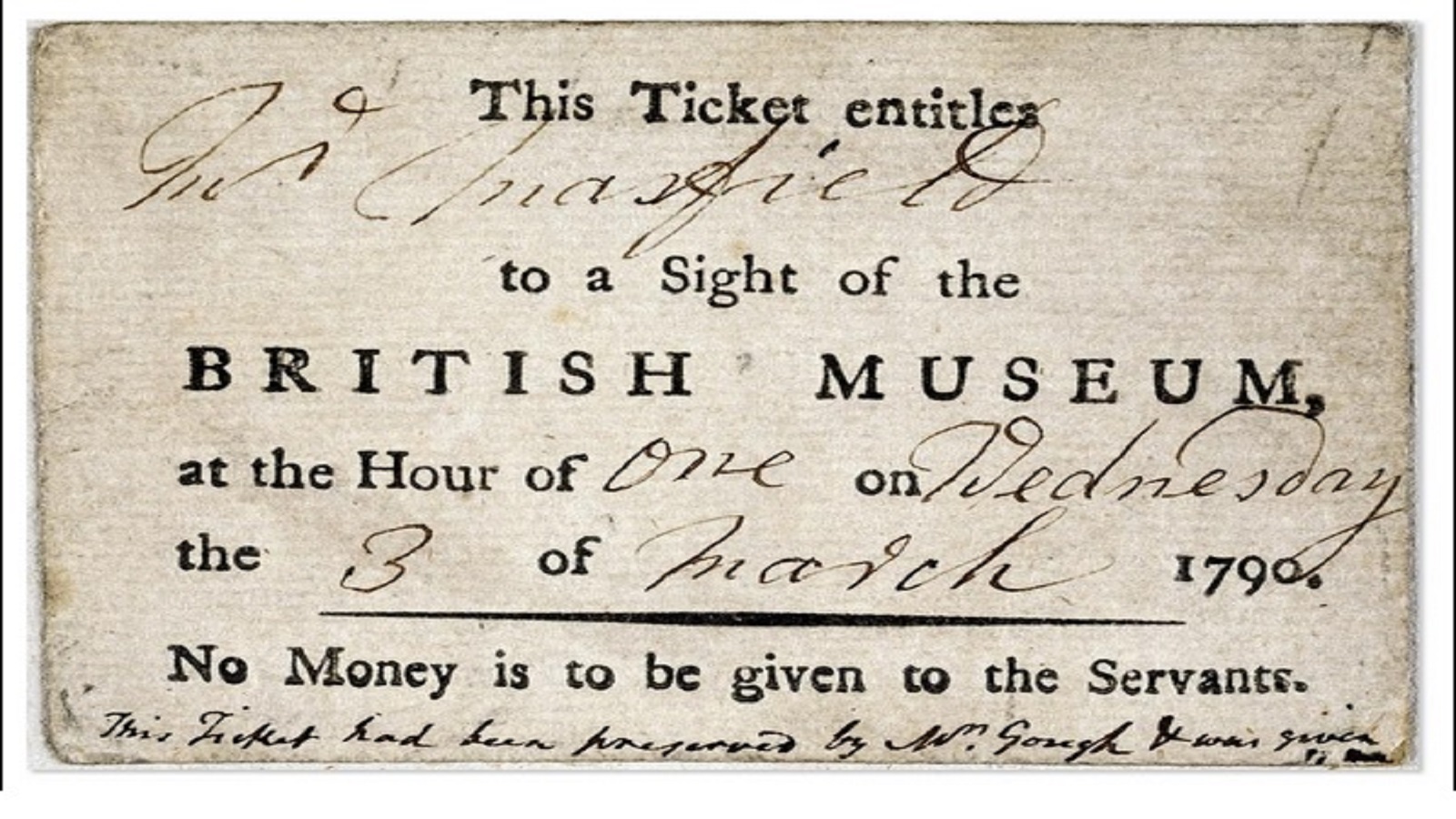 بطاقة دخول إلى المتحف البريطاني تعود إلى العام 1790