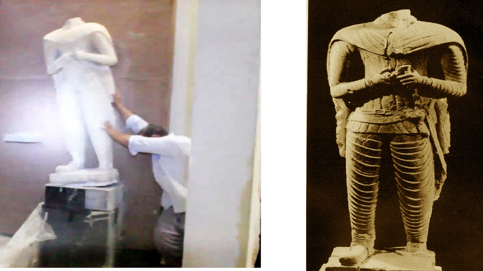 تمثال لمحارب فاقد الرأس يمسك بيديه رمحا وقبضة سيف.