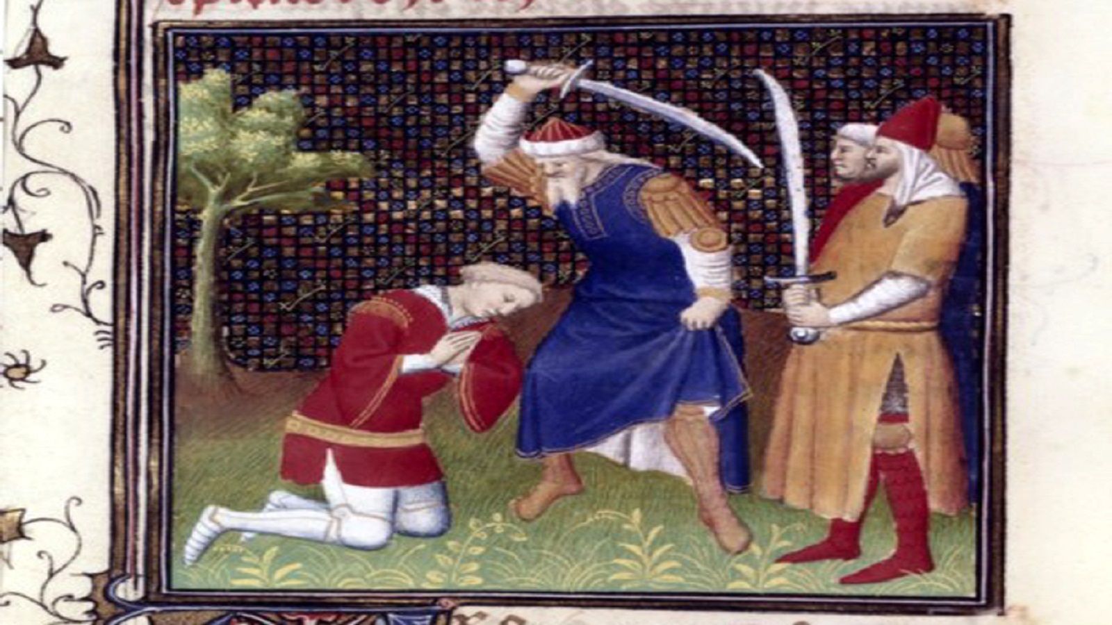 صلاح الدين يضرب عنق عدوّه "رينو دو شاتيون"، منمنمة فرنسية من القرن الخامس عشر. 