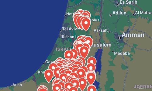 خارطة صافرات الإنذار في إسرائيل أثناء الهجوم الإيراني