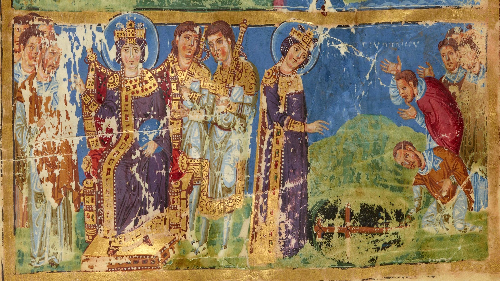 هيلانة والدة قسطنطين تعثر على صليب المسيح، تفصيل من منمنمنة، مخطوط يوناني أُنجز في القسطنطينية 