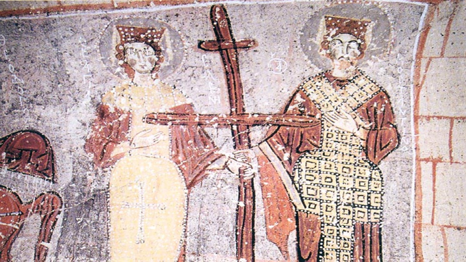 القديسين العظيمين في الملوك والمعادلين للرسل" قسطنطين وهيلانة، جدارية من الكنسية المعروفة بـ"كنيسة الأفعى" تعود إلى منتصف القرن ا11