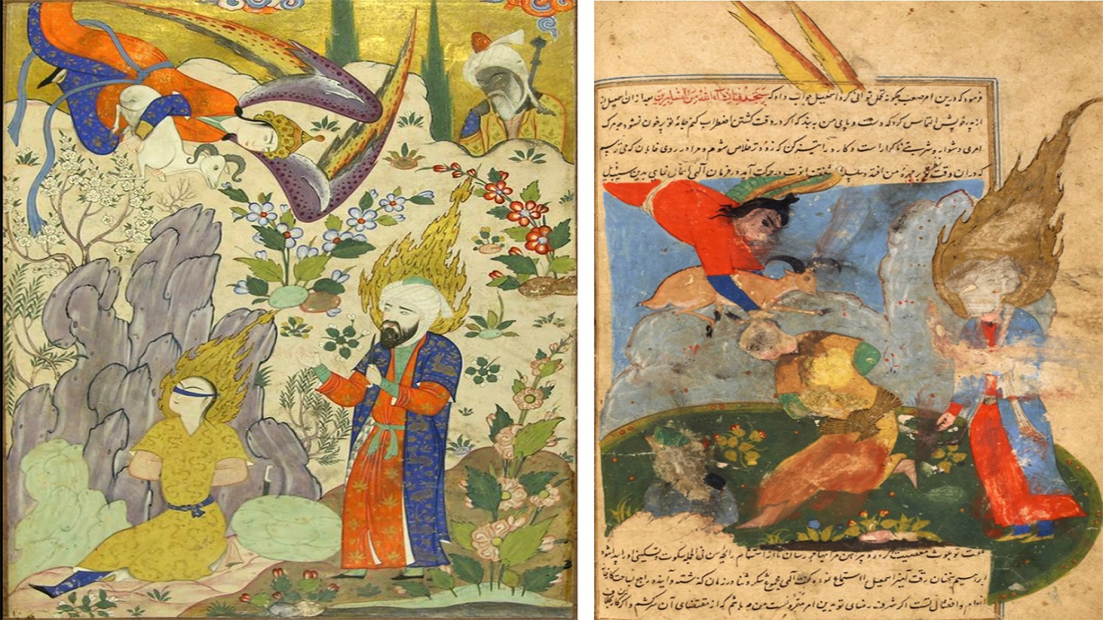 منمنمنة من "فالنامه"، القرن السادس عشر، سرايا توبكابي، إسطنبول. وأخرى من "روضة الصفا"، القرن السادس عشر، مكتبة فرنسا الوطنية، باريس.