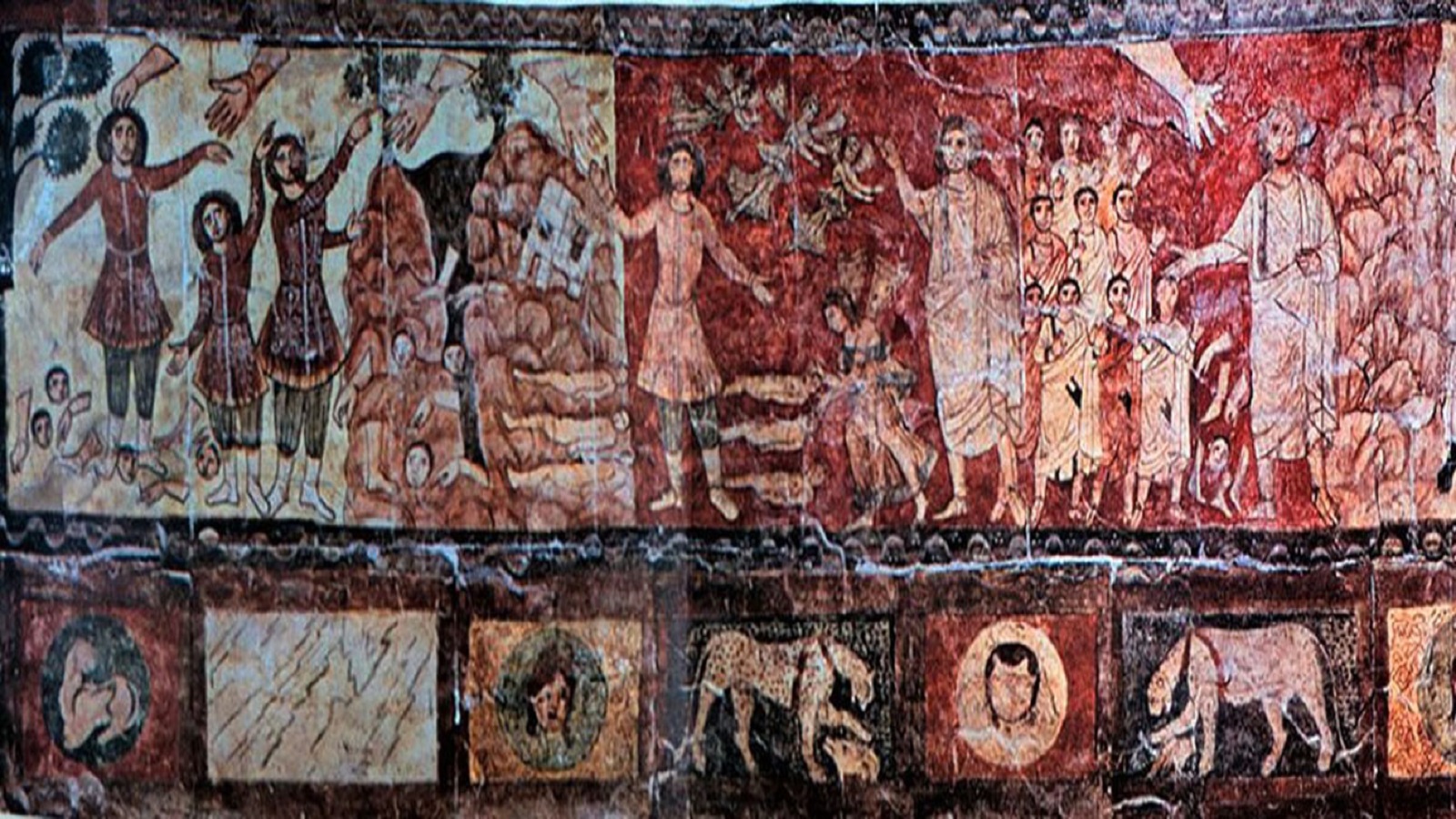 حزقيال مقيما الموتى، من جداريات كنيس دورا أوروبوس، عام 244، متحف دمشق الوطني.