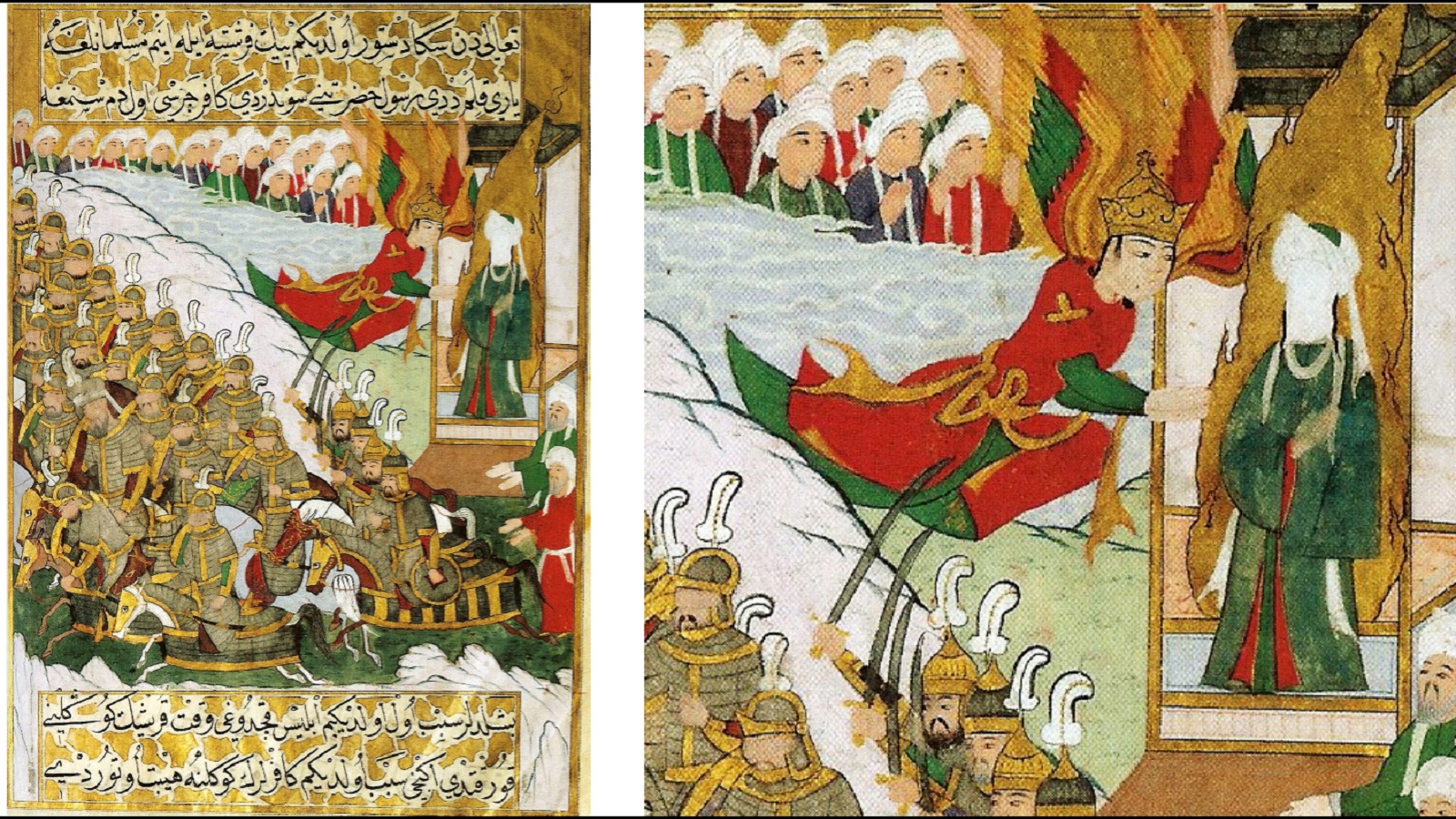 نزول الملائكة في غزو بدر الكبرى، صفحة من "سير النبي"، اسطنبول، نهاية القرن السادس عشر، توبكابي.