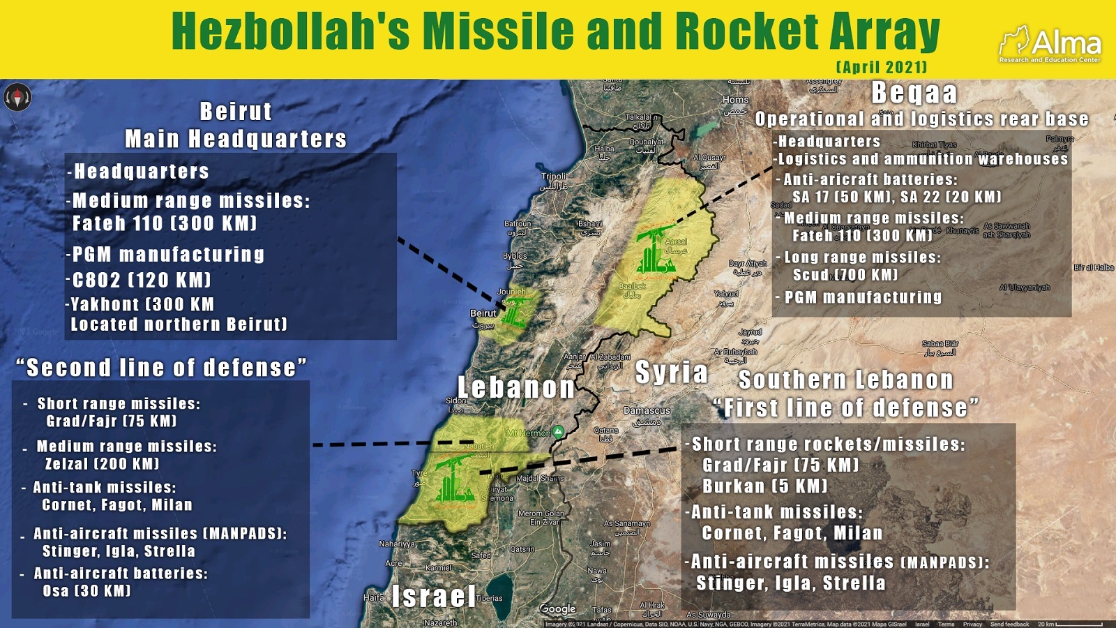 خريطة إسرائيلية مفصّلة لصواريخ حزب الله ببيروت والجنوب والبقاع