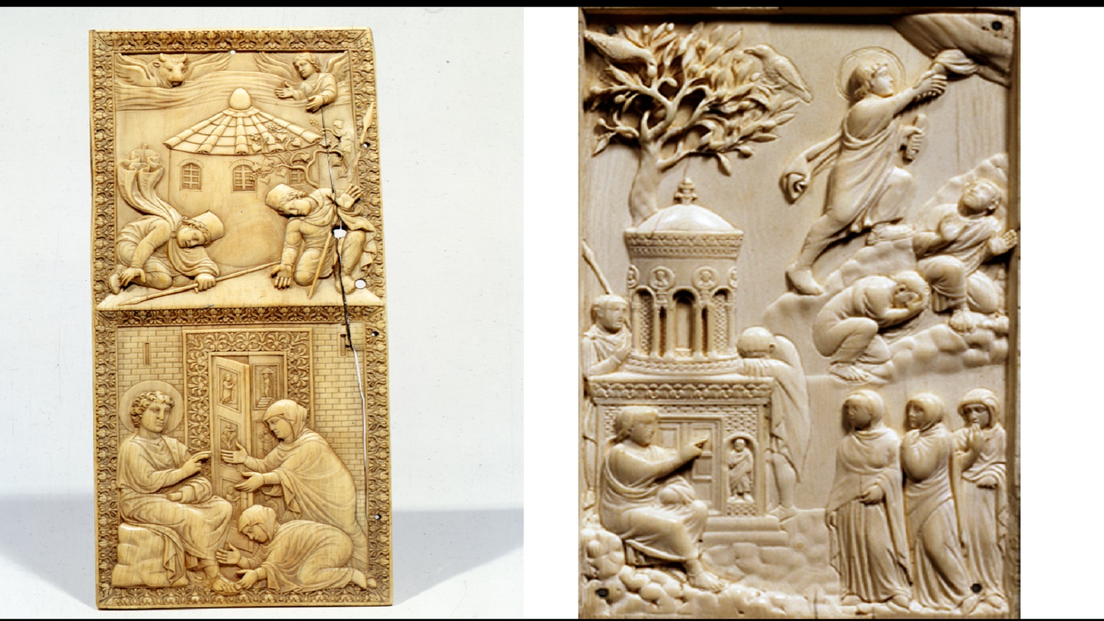 القيامة في قطعتين من العاج تعودان.. القرن الخامس. الأولى محفوظة في متحف سفورزيسكو (ميلانو)، والثانية في المتحف البافاري ميونخ.