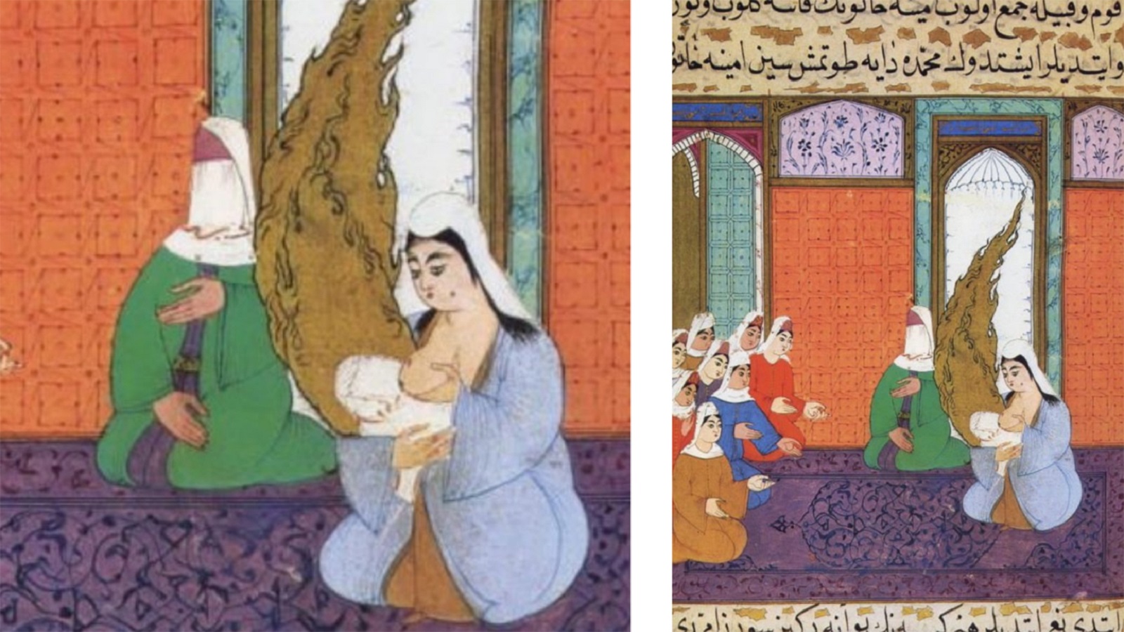 حليمة السعدية ترضع النبي الطفل في حضور أمه آمنة وجمع من النساء، "جامع سير النبي"، 