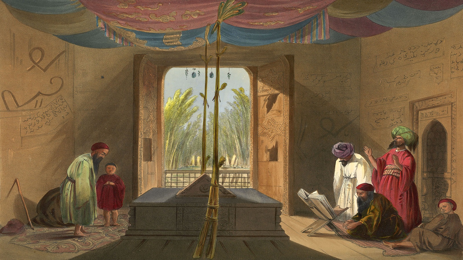 ضريح السلطان محمود الغزنوي في غزنة، رسم طباعي بريطاني، 1840.