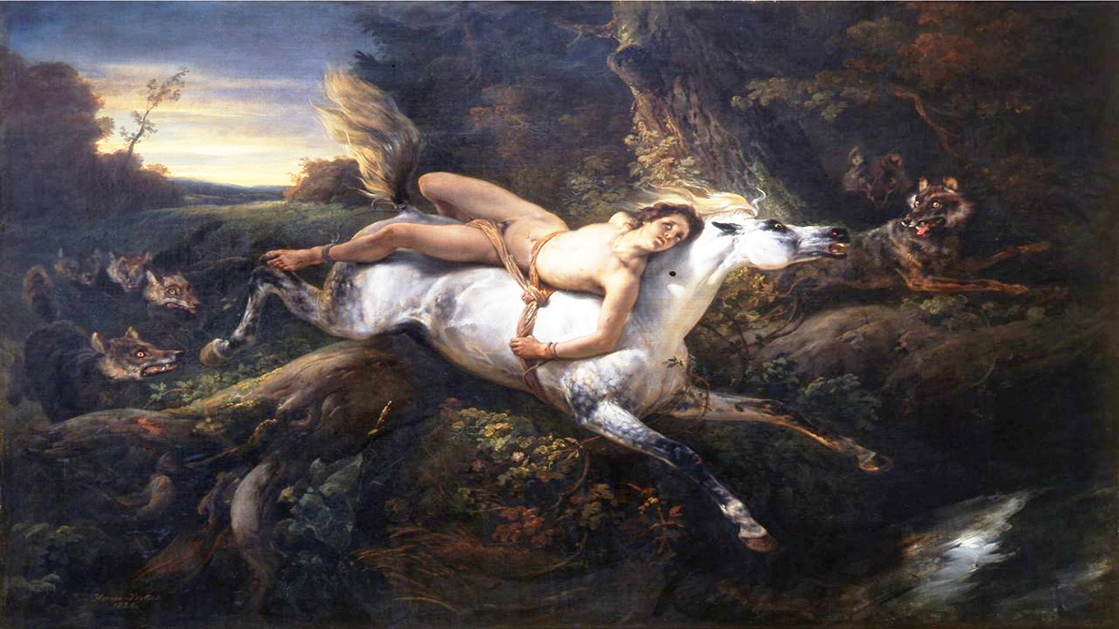 هوراس فيرنيه، مازيبا مقيّدا على الحصان وسط الذئاب،  1826.
