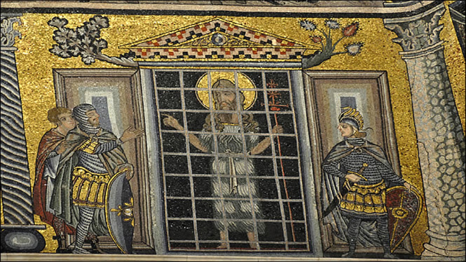  يوحنا المعمدان وراء القضبان، فسيفساء من القرن الثالث عشر، كنيسة يوحنا المعمدان في البندقية. 