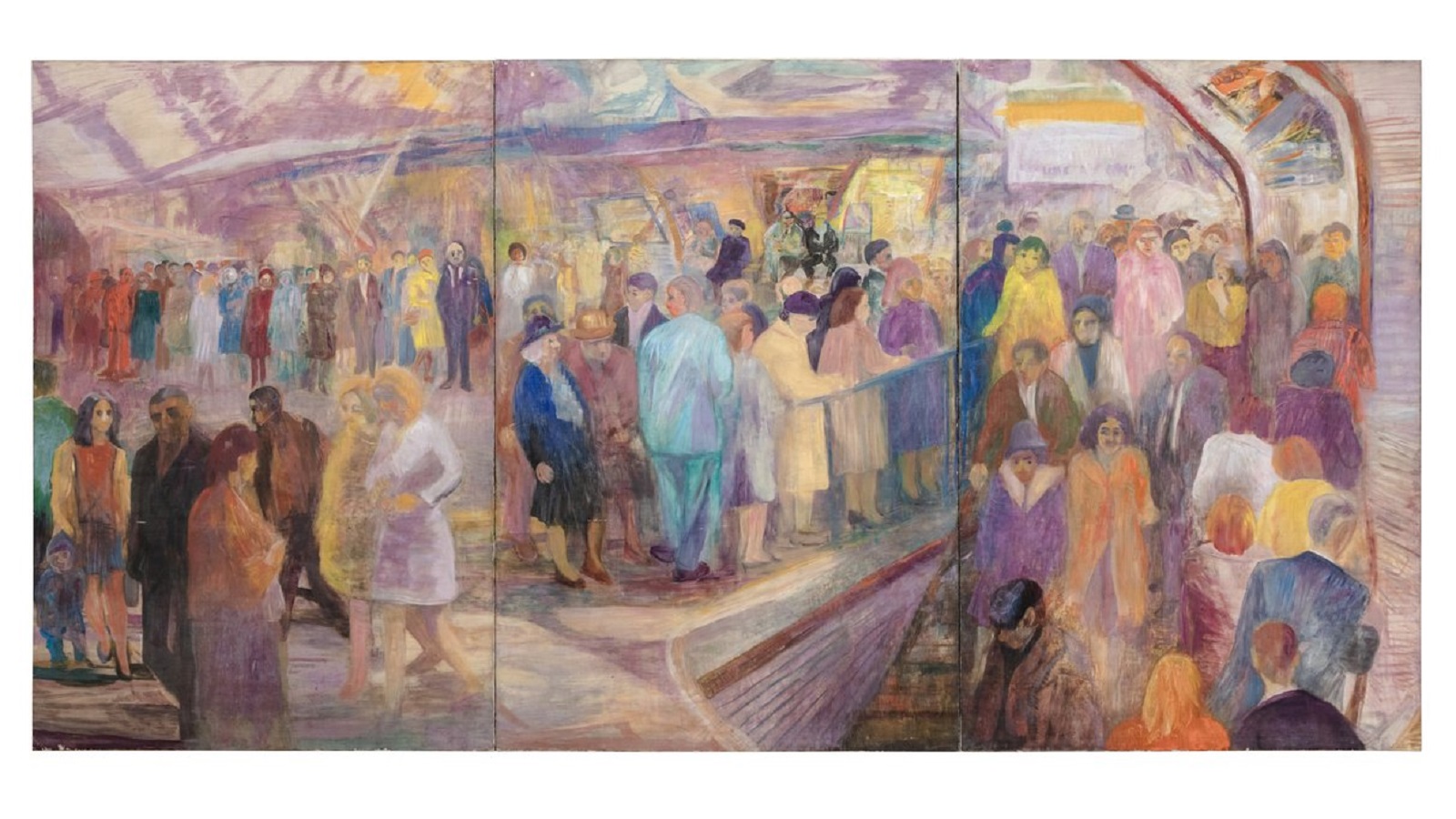 فريد عواد. مشهد المترو، 1960–1970. ألوان زيتية على قماش. 195×390 سم. إهداء من هالة وردي