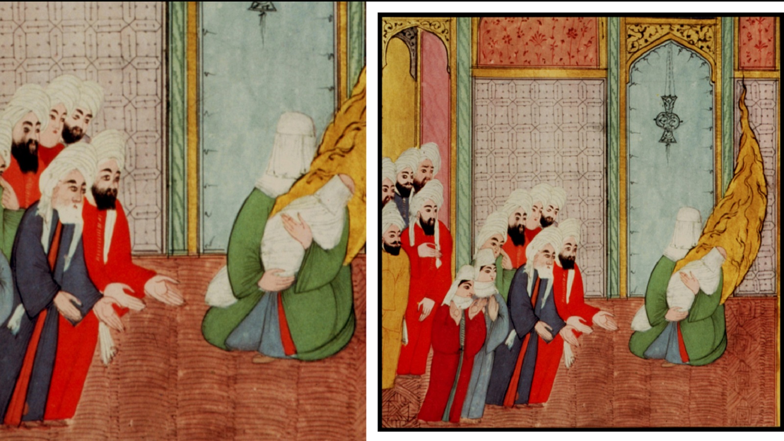 عبد المطلب مع قومه أمام آمنة والنبي والوليد، "جامع سير النبي"، اسطنبول، نهاية القرن السادس عشر، سرايا توبكابي.