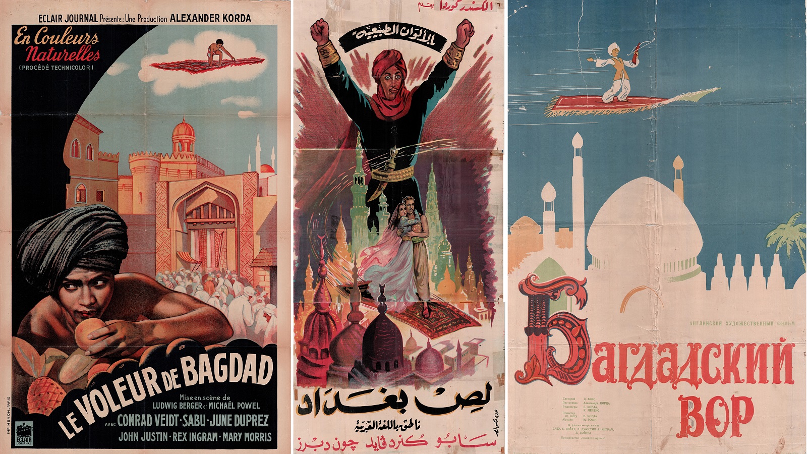 لص بغداد 1940، الفيلم في ملصقاته الفرنسية والعربية والروسية.