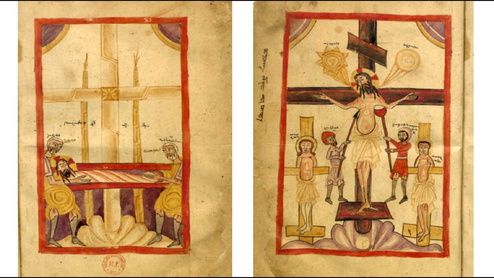 صلب المسيح ودفنه، منمنمتان سريانيتان مصدرهما مخطوط من شمال العراق يعود إلى القرن السادس عشر، المكتبة الوطنية الفرنسية. 