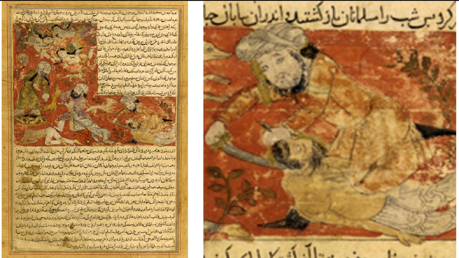 مقتل ابي جهل في غزوة بدر، "تاريخ بلعمي"، مخطوط مصدره العراق على الأرجح، فرير غاليري، واشنطن.