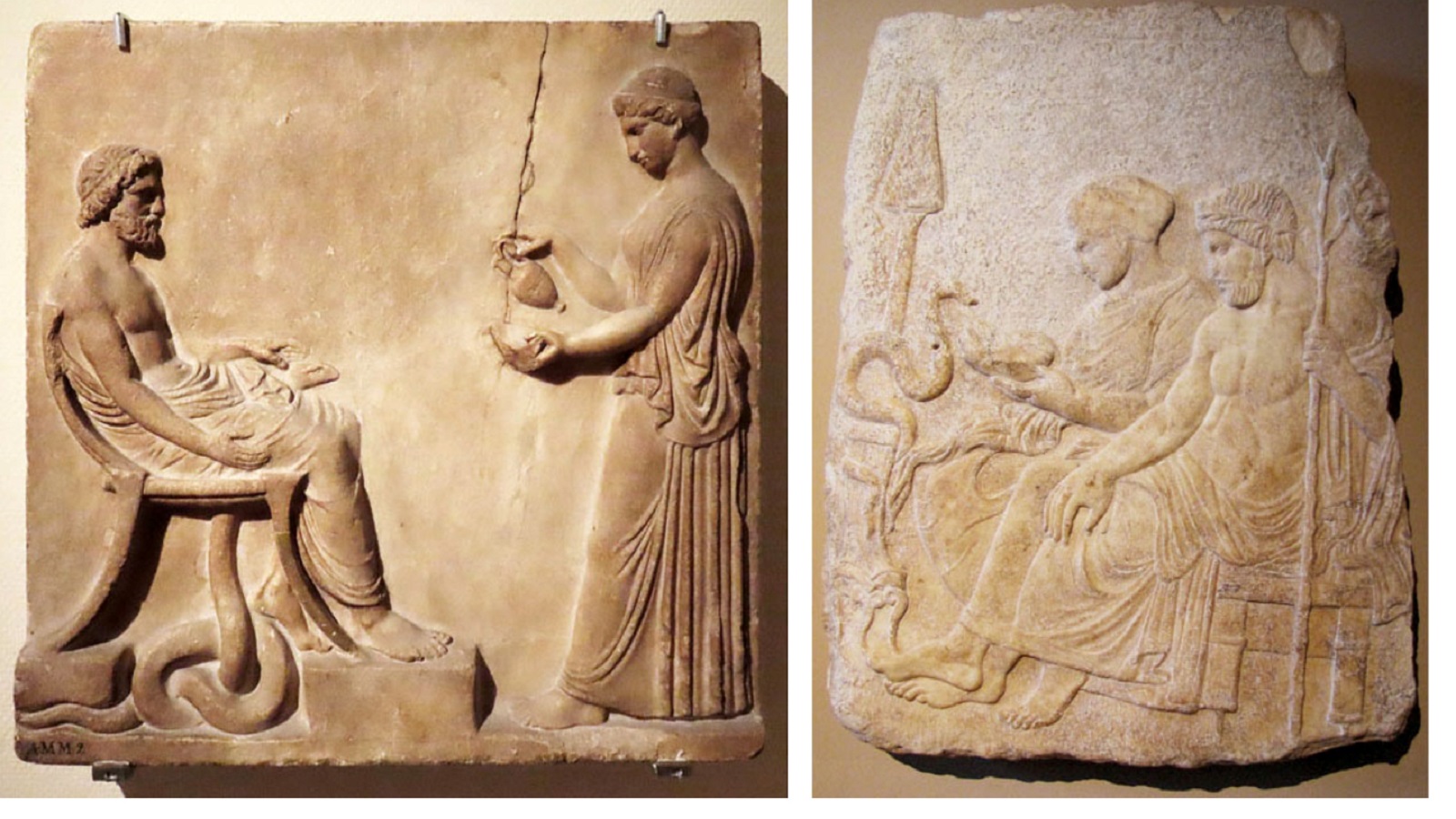 اسقليبيوس مع ابنته هيجيا، من القرن الخامس ق م من محفوظات متحف أسطنبول، ولوح من القرن الميلادي الأول متحف لايدن