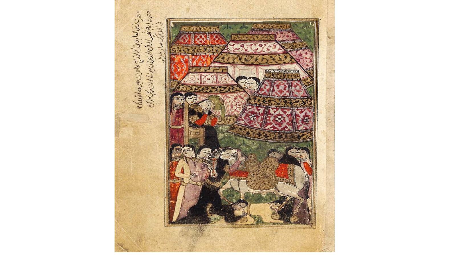 - أتباع أهل البيت مع الفرس الذي ركبه الحسين يوم عاشوراء، حديقة السعداء، 1575، محفوظات متحف جامعة هارفرد.